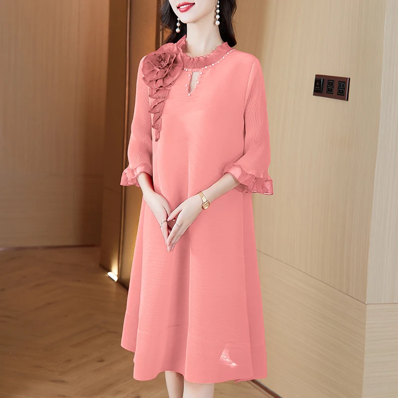 2024 autunno nuova gonna magica elastica antirughe rossa per le donne, gonna a maniche lunghe casual ampia con stampa retrò o-collo