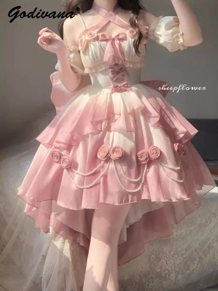 

Gradual Pink Flower Wedding Irregular Lolita Flash Puffy Princess Dress Sweet Girl Women's Off Shoulder Pearl Beading Long Dress