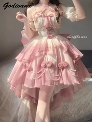 Gradual Pink Flower Wedding Irregular Lolita Flash Puffy Princess Dress Sweet Girl Women's Off Shoulder Pearl Beading Long Dress