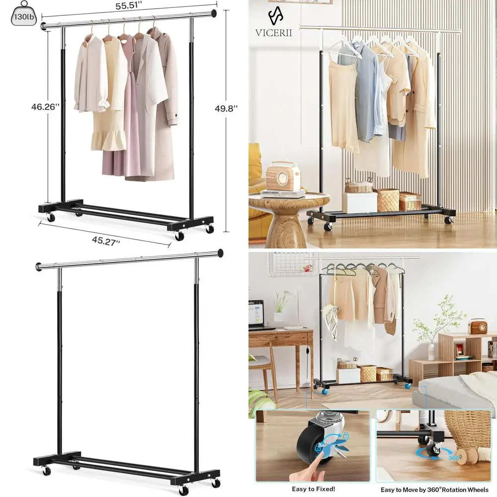 

55.51 Heavy-Duty Rolling Clothes Rack, 130LB Capacity, Bottom Shelf, for Coats, Shirts, Skirts - Black