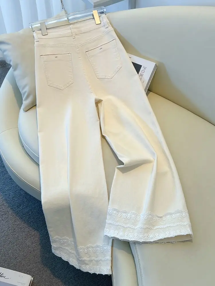 2026 nuove donne bianche a vita alta jeans a gamba larga pizzo trim pantaloni in denim vestibilità ampia primavera estate moda casual pantaloni dimagranti