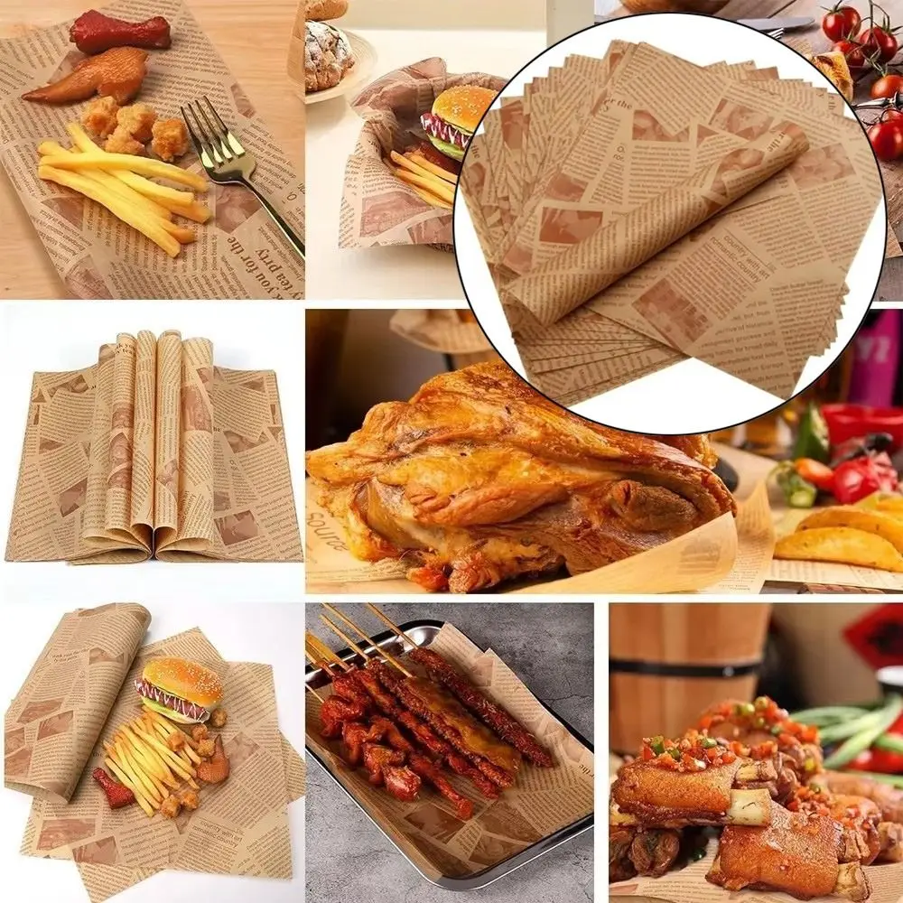 100Pcs Convenient Old Newspaper Style Oil-Proof Paper Safe Material Food Wrapping Food Basket Liner Fried Food Paper Baking Use