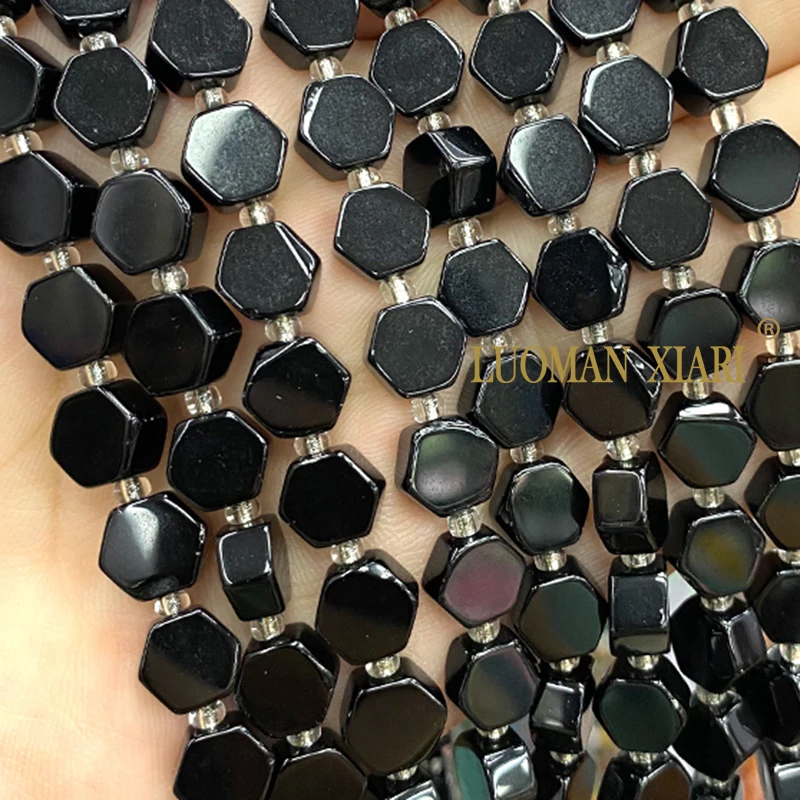 8-9mm Flat Hexagon Natural Stone Black Obsidian Loose Spacer Beads for Jewelry Making Diy Earrings Bracelet Charms Accessories