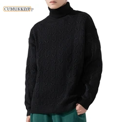 Thick Warm Knitted Turtleneck Sweater Men Casual Winter Solid Long Sleeved Pullover High Neck Black White Gray