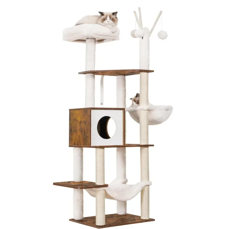 Arbre à chat en bois marron rustique avec poteaux à gratter, tour à chat moderne, meubles pour chat, jouets, condo, 55.5 po