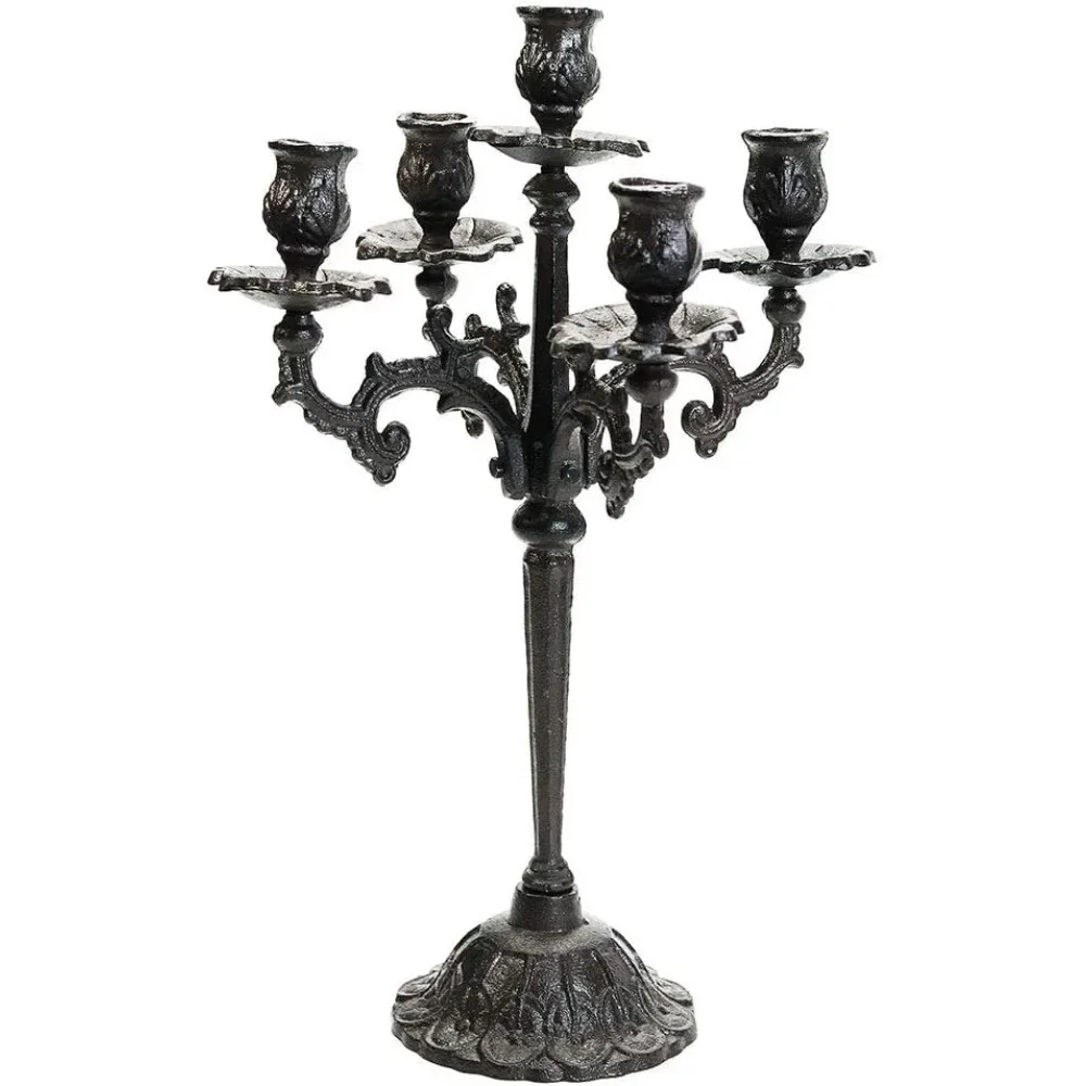 

Heavy Duty Cast Iron Candlestick Holders - Handcrafted Vintage Tall & 5 Arms Candle Holders - Decorative Pillar Candle Stand