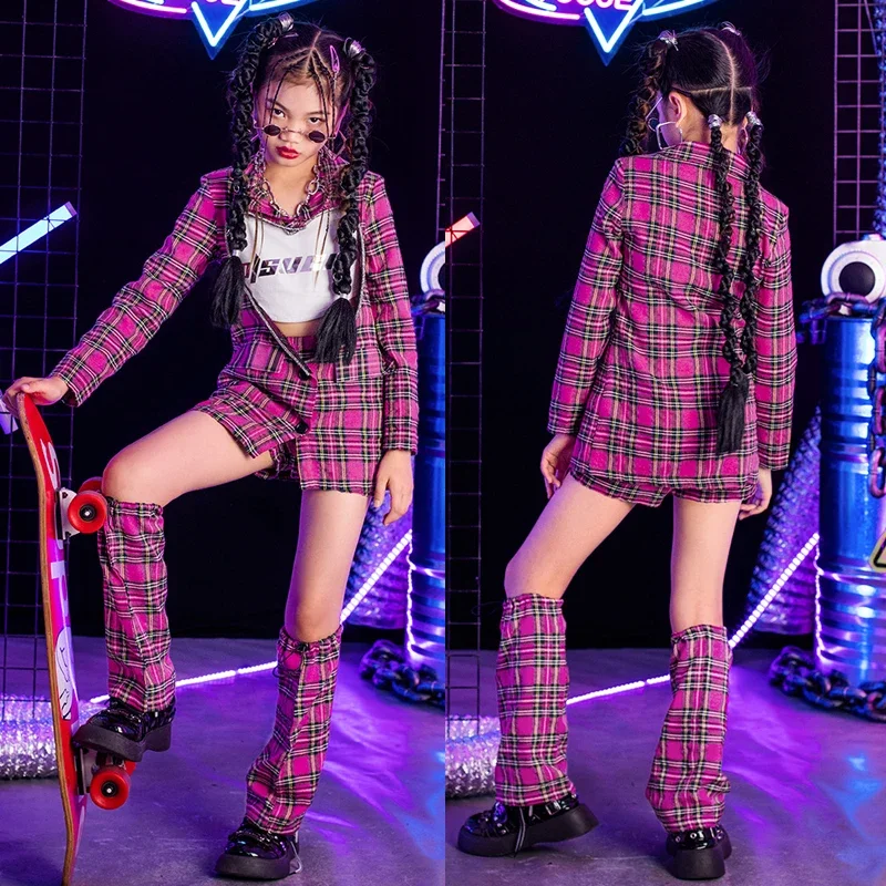 Children Group Kpop Dance Costume Girls Pink Plaid Cutout Top Legs Sets Hip Hop Clothing Stage Jazz Outfits Street Wear XS6276