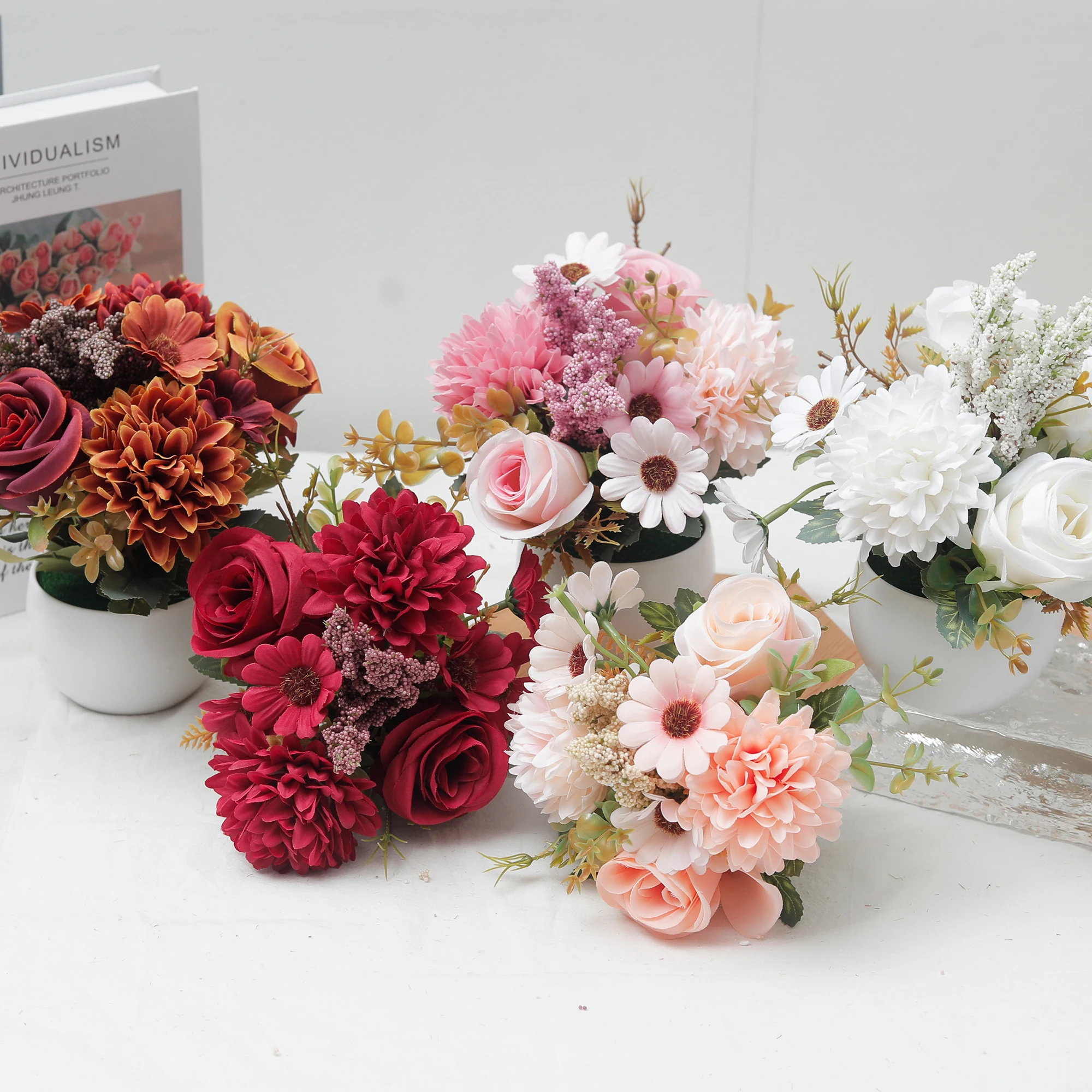 Artificial Flowers Potted Plant Wedding Garden Arrangement Home Fake Rose Hydrangea Bonsai for Living Room Valentine's Day Decor
