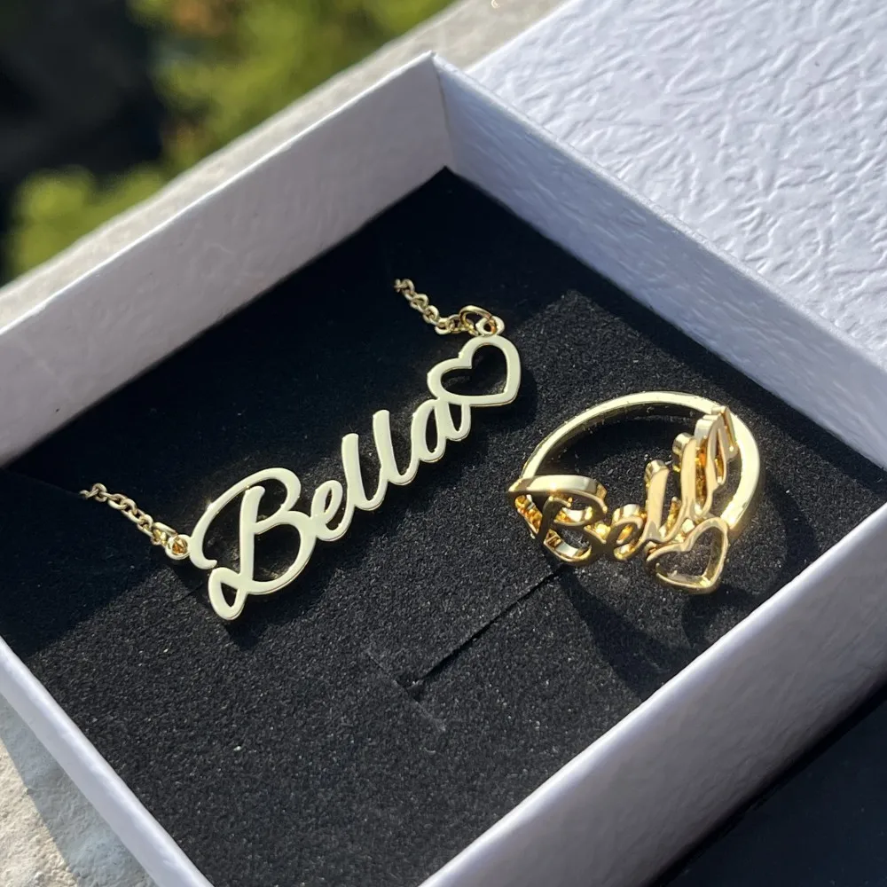 DUOYING Custom Heart Nameplate Necklace Personalized Script Name Rings With Heart Jewelry Set Stainless Steel Cute Gift Women