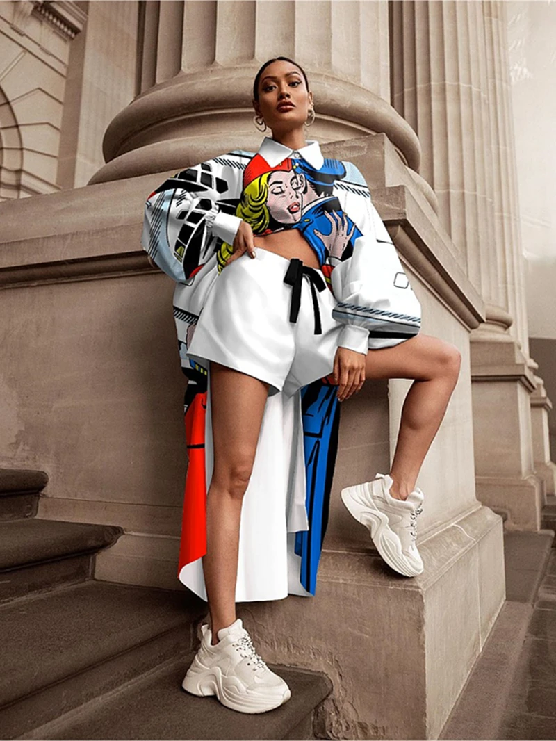 Oversized Two Piece Shorts Sets Women Tracksuit Autumn Clothes Cartoon Print Blouse Long Shirt Top Shorts Suit Fashion Woman Set