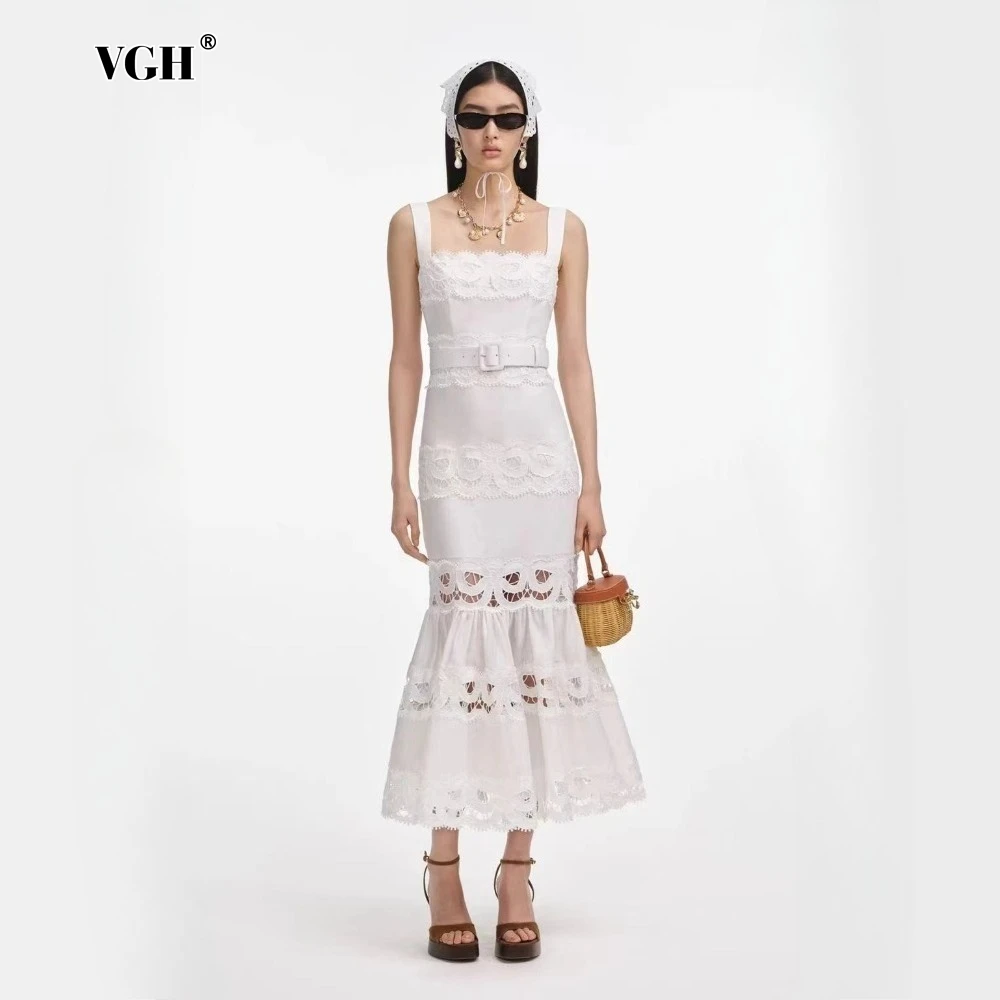 VGH Solid Elegant Spliced Hollow Out Dress for Women Square Collar Sleeveless Patchwork Sashes High Waist Bodycon Dresses Female