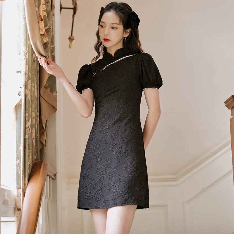 Daily Wearable Hollow Sexy Black Cheongsam Women Summer Modern Chic Girl Elegant Qipao Ladies Bow Knot Beaded Fashion Mini Skirt