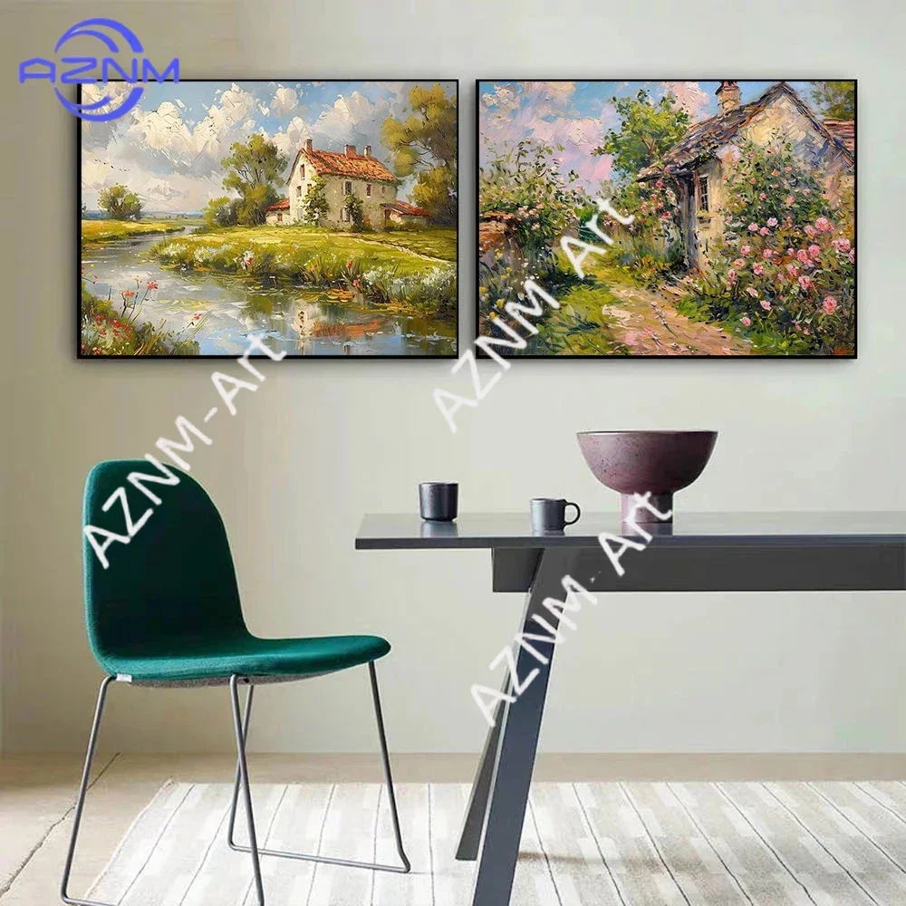 Retro Frühlingsgarten Romantische Hütte Ölgemälde Kunstposter Leinwanddruck Wohnzimmer Schlafzimmer Heimgalerie Dekoration Rahmenlos