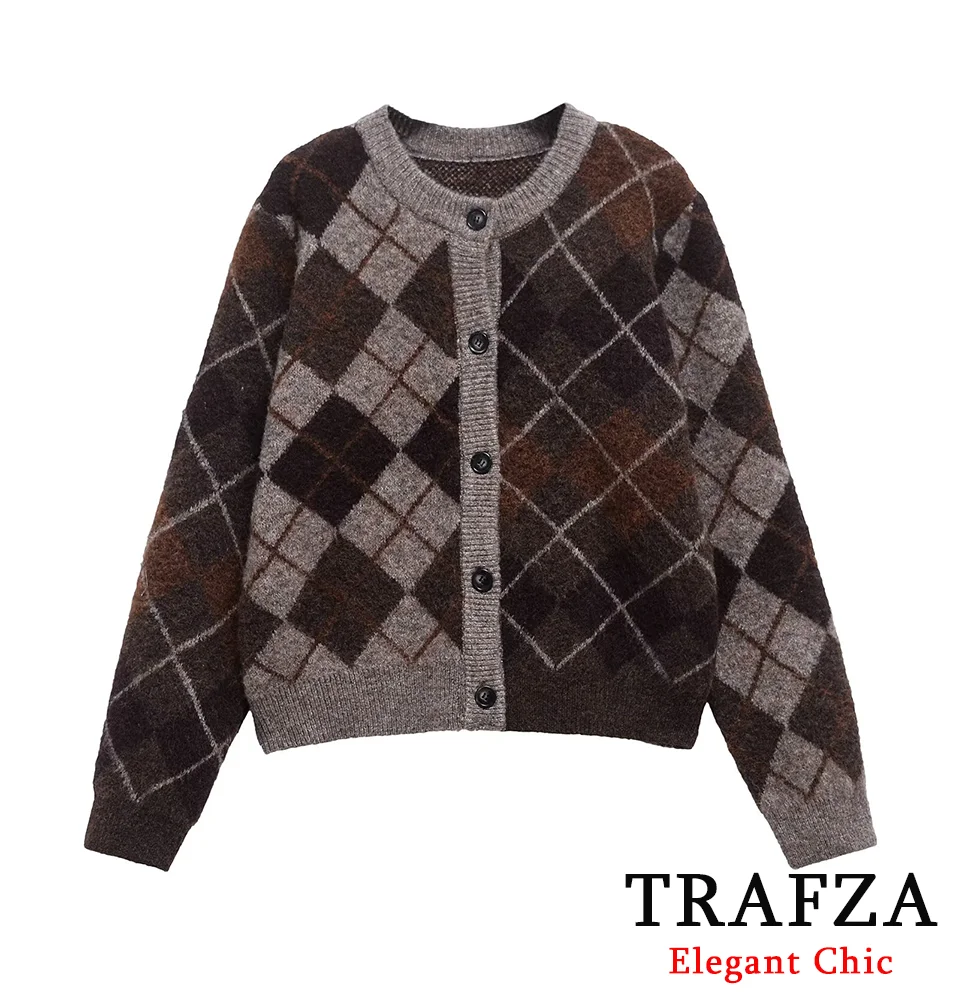 TRAFZA-Women Elegant Casual Plaid Coat O-Neck Buttons Sweater New 2024 Autumn Winter Fasion Lazy Cozy Communter Sweater