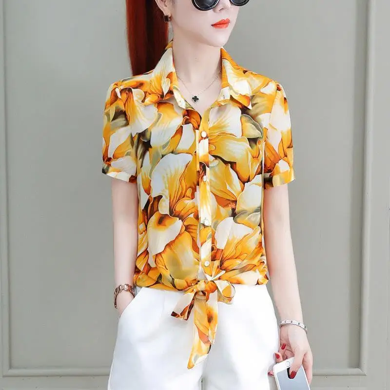 Stylish Bandage Bow Shirt Vintage Broken Flowers Printed Summer Turn-down Collar Female Clothing Single-breasted Straight Blouse