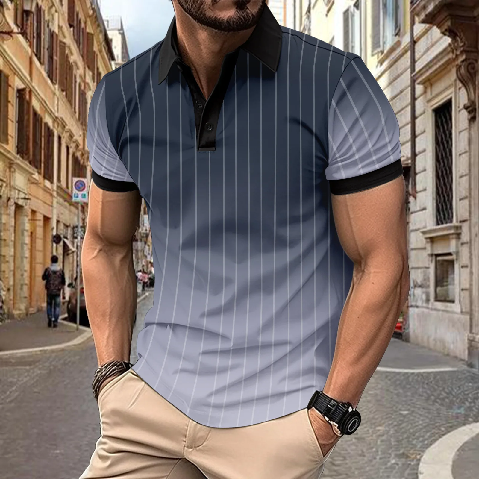 Summer 2024 casual POLO print striped lapel T-shirt for men