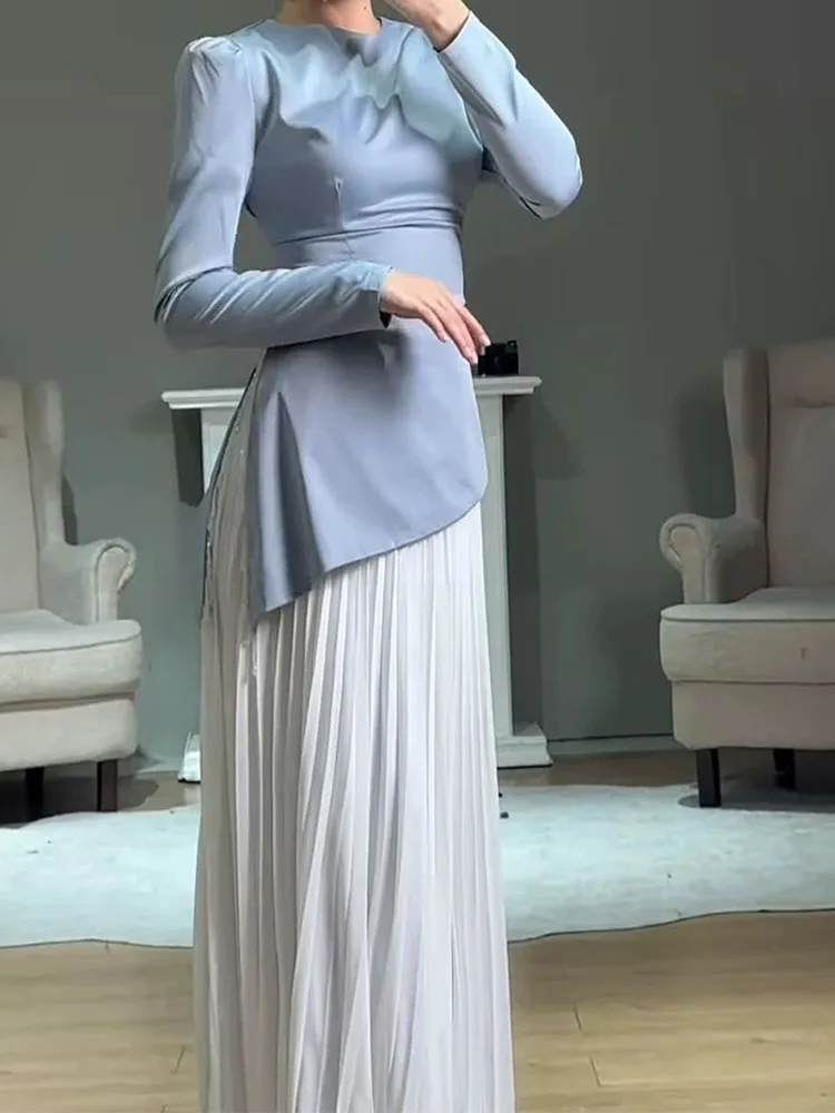 موضة المرقعة مطوي رداء فستان عادية عالية الخصر سوينغ الكرة فستان 2025 خريف جديد المرأة س الرقبة فستان سهرة بأكمام طويلة