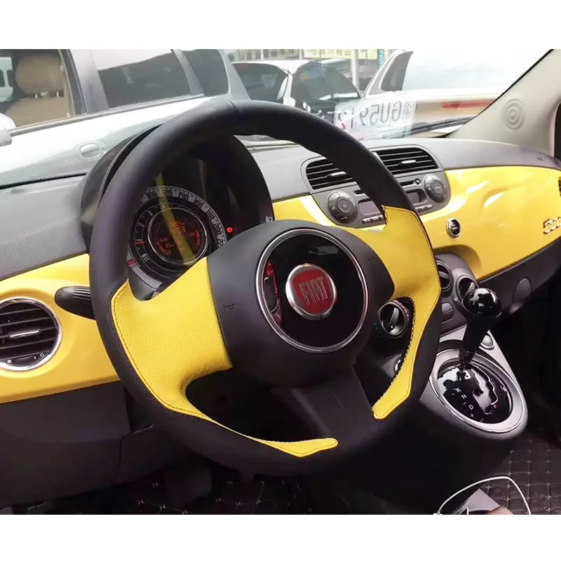 for fiat 500 2009 2010 2011 2012 Full Coverage Sports style Steering Wheel Cover Braid yellow leather Interior