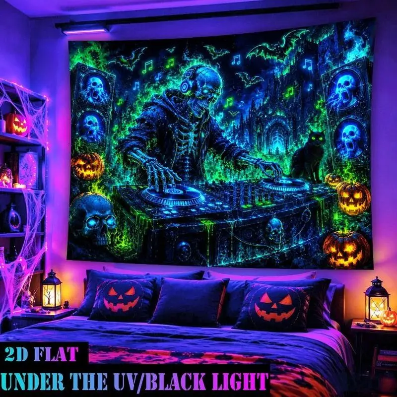 Halloween DJ Skeleton Tapestry Neon Music Pumpkin Bat Polyester Wall Hanging Spooky Party Aesthetic Bedroom Dorm Home Decor