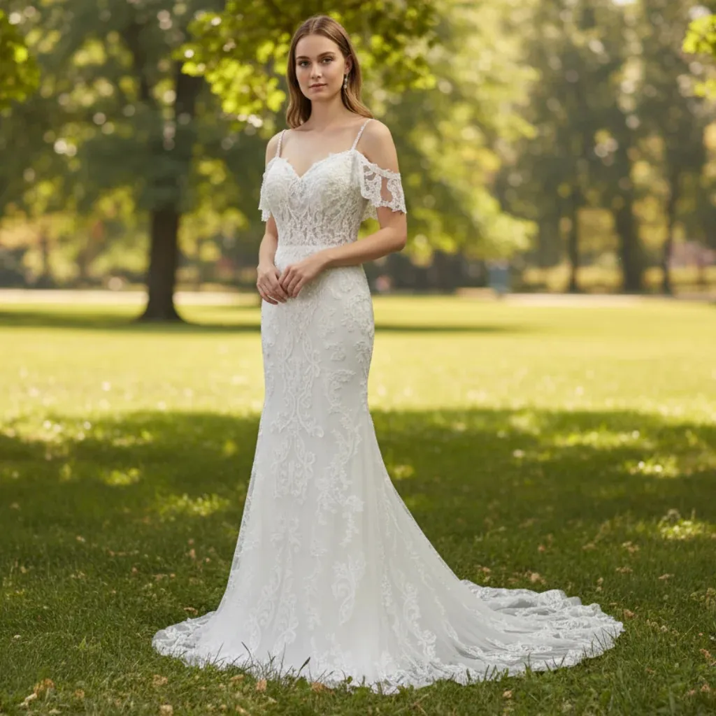 Rosymae Off-the-Shoulder Fit-and-Flare Mermaid Wedding Dress Sweetheart Neckline Illusion Straps Beaded Lace-Trimmed Train