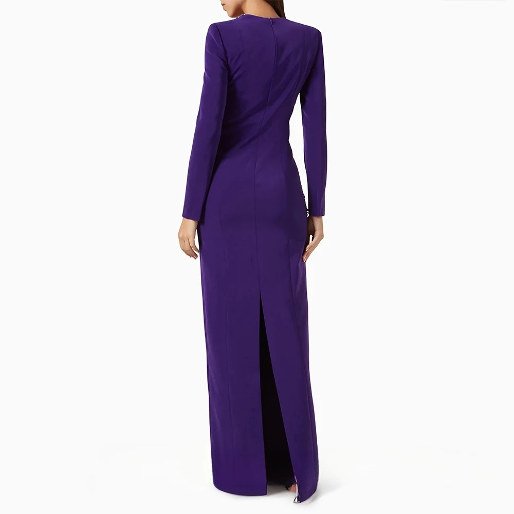 Vestido de noite roxo personalizado, pescoço quadrado, miçangas, mangas compridas, camisa elegante, vestidos de noite longos, formais, vestidos de festa