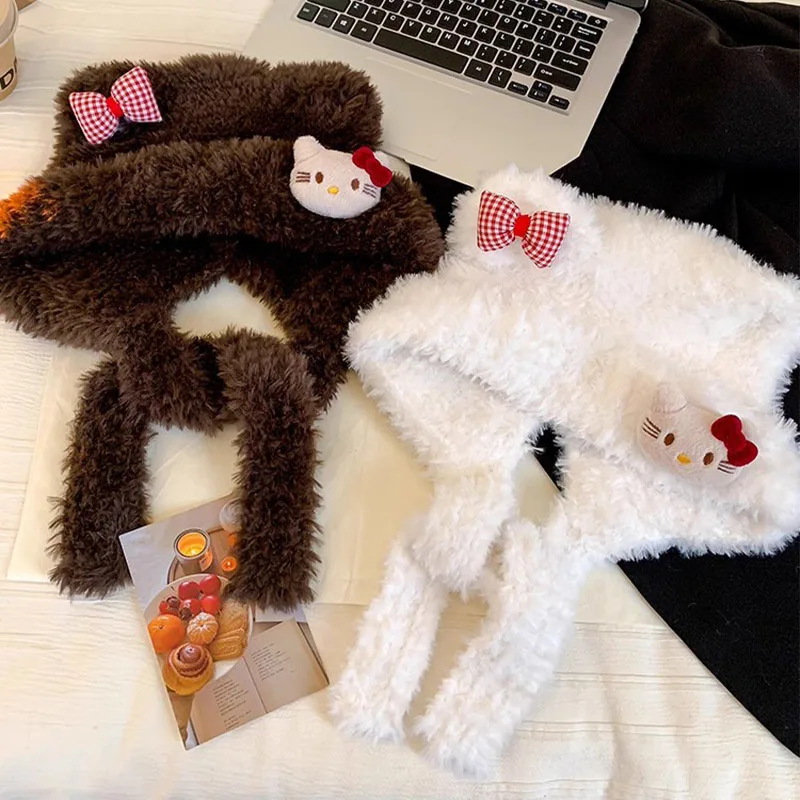 Kawaii Hello Kitty Plush Hat Sanrio Cute Girls Winter Sweet Thicken Warm Soft Hat Cartoon Fashion Bow Tie Hat Christmas Gift