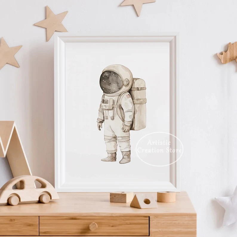 Neutral Solar System Outerspace Rocket Astronaut Moon Saturn Poster Canvas Painting Wall Art Pictures Home Playroom Decor