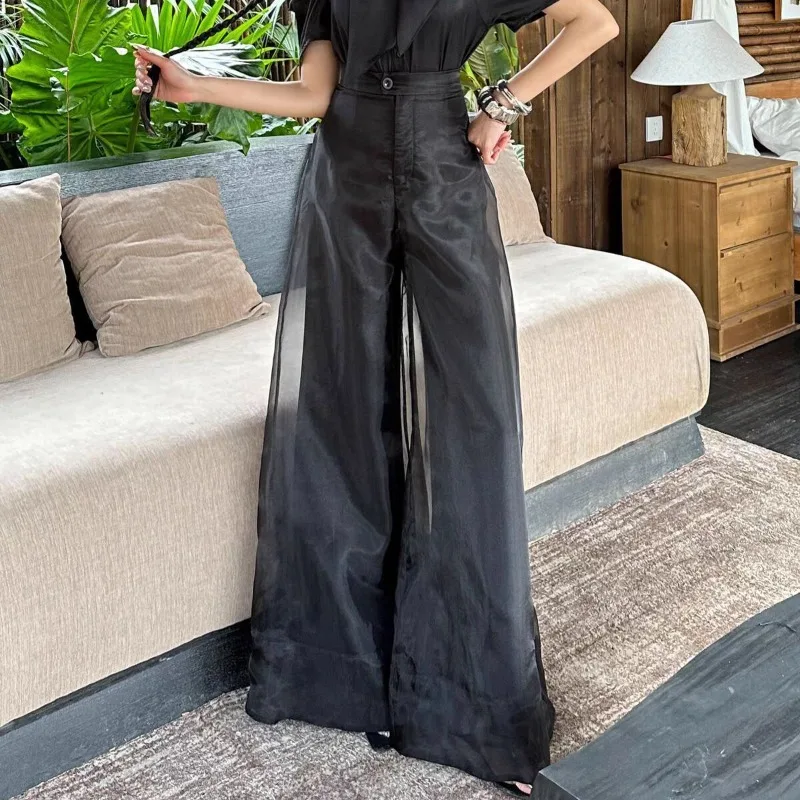 

Брюки в японском стиле с высокой талией, женские, весенние, модные, повседневные, черные, из органзы, винтажные, широкие штанины