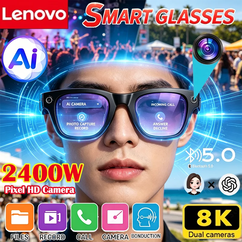 Lenovo 2026 Bluetooth Smart Sunglasses AI Translation Hands‑Free Call Music Play HD Photo Capture Unisex Daily Eyewear