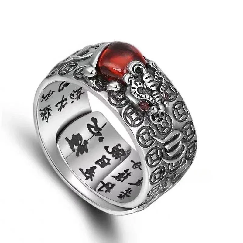 Lucky Amulet Feng Shui Pixiu Ring for Women Men Retro Silver Plated Adjustable Rings Good Luck and Wealth Buddhist Jewelry Gift