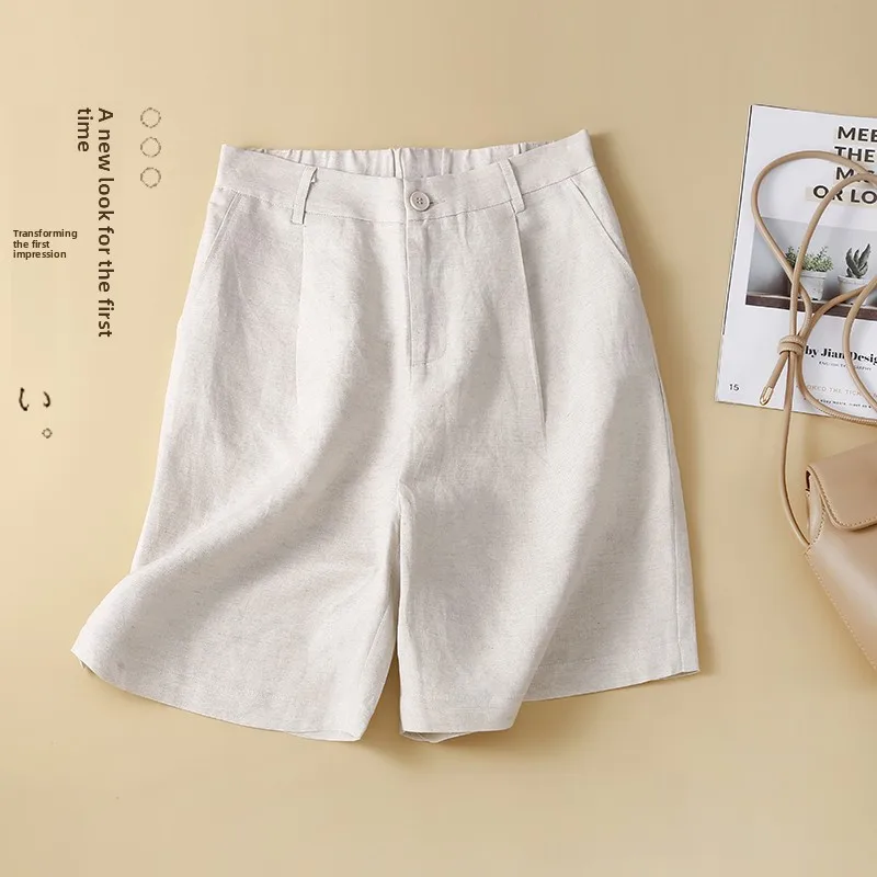 

High Waist Cotton Linen Suit Shorts Women Summer A-Line Wide Leg Pants Five Shorts Outlet Brand Commute Style Casual Trousers