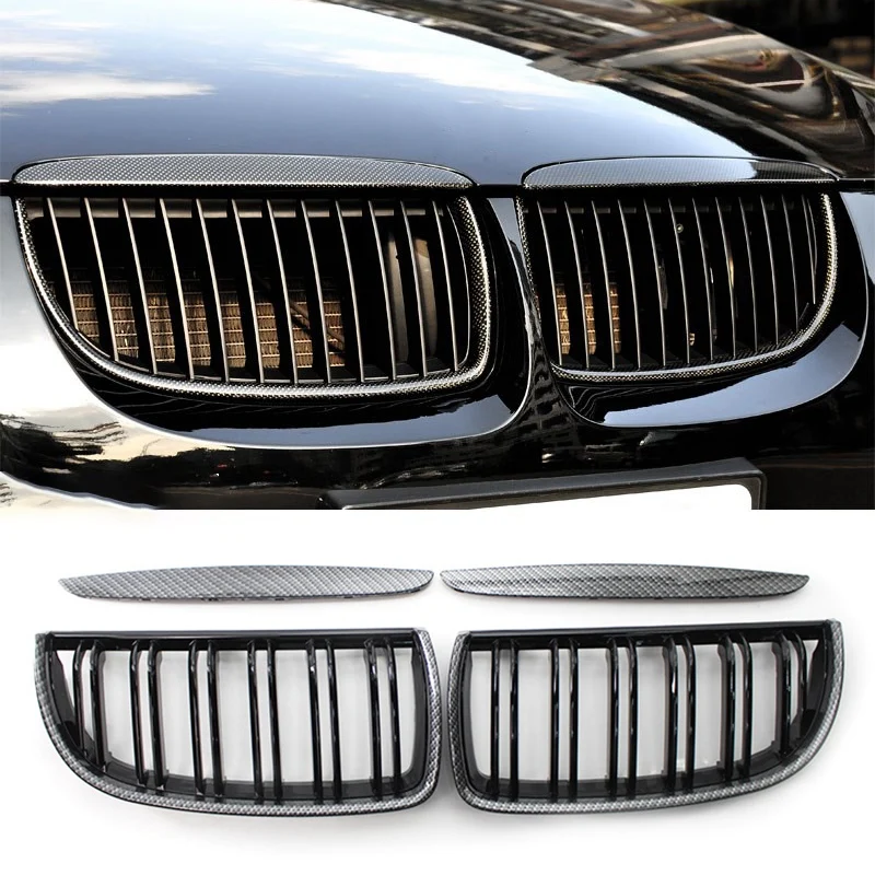 AL21 -Front Kidney Grille Hood Grills -Double Line For -BMW E90 323I 328I 335I 330I 325I 3-Series 2005-2008 Carbon Fiber ABS