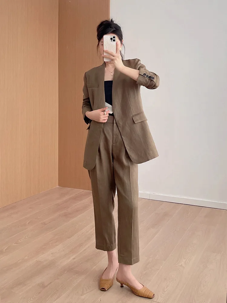 

Высококачественный повседневный льняной костюм, женские зауженные брюки, брюки для отдыха, Ele Aosphere Faionable Fem, рабочая одежда, ансамбль