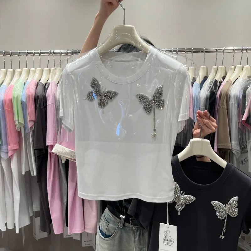 Neploe Fashion Heavy Beading Butterfly T-shirts Y2k O-neck All-match White Tops Women 2024 Summer New Short Sleeve Tee Shirt