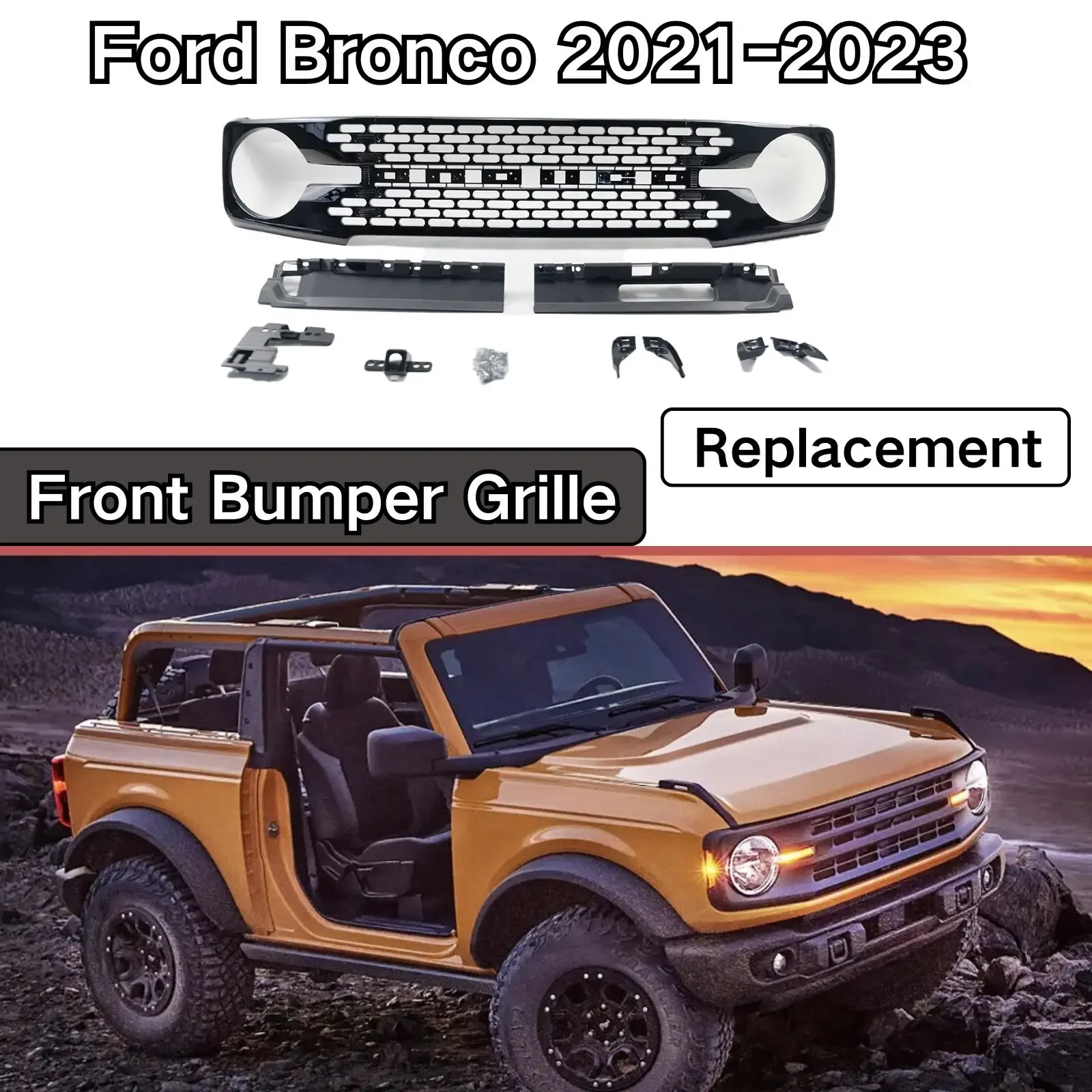 

For Ford Bronco 2021-2023 Front Upper Bumper Mesh Grille Grill Replacement Decorate Glossy Black Protect Carbon Fiber Look