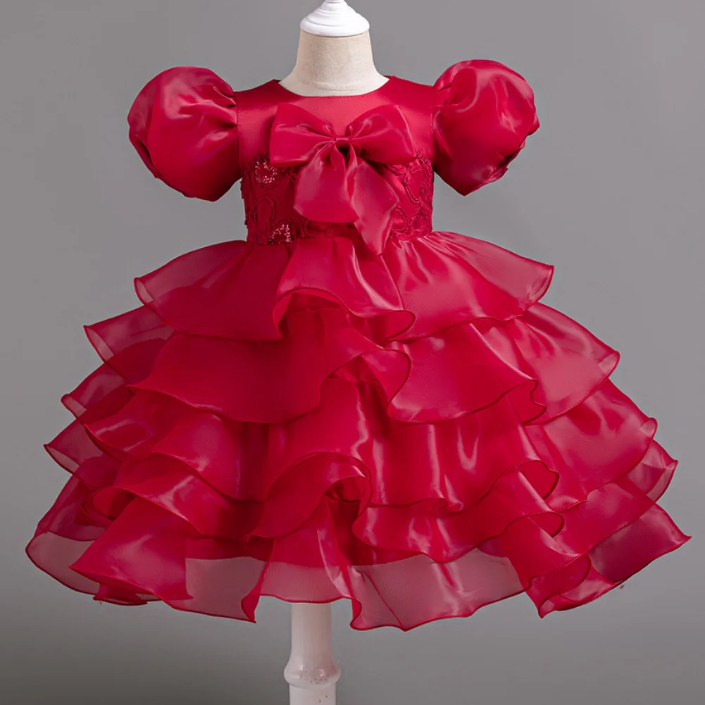 Girls' New Bow Bubble Sleeves Solid Color Cake Dress Christmas Halloween Walk Show Fashion Banquet Dress for 2-10 Years