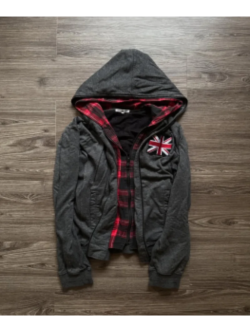 

Retro Flag Print Zipper Double-layer Cardigan Hip-hop Harajuku Classic Style Washed Gray Loose Y2k Street Trend Men's Sportswear