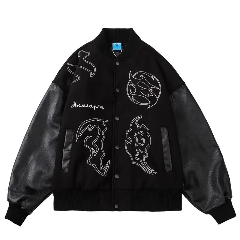 High Street Hip Hop Fashion Brand Embroidery Patched PU Leather Long Sleeve Baseball uniform Men's 2023 Loose Versatile Jacket