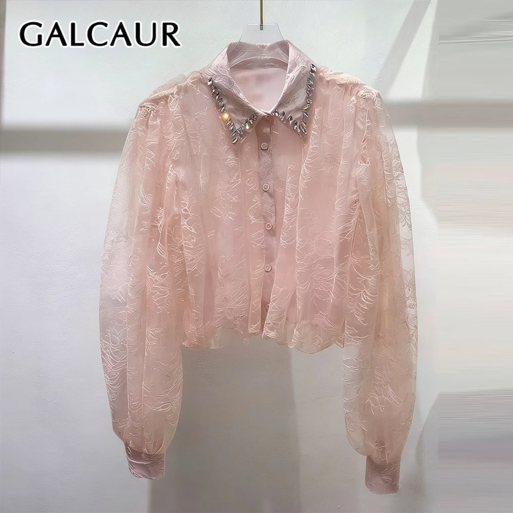 

Женская блузка GALCAUR с эффектом стройности, на одной пуговице, с отложным воротником, длинными рукавами, пэчворк, с бриллиантовым узором, элегантный новый стиль