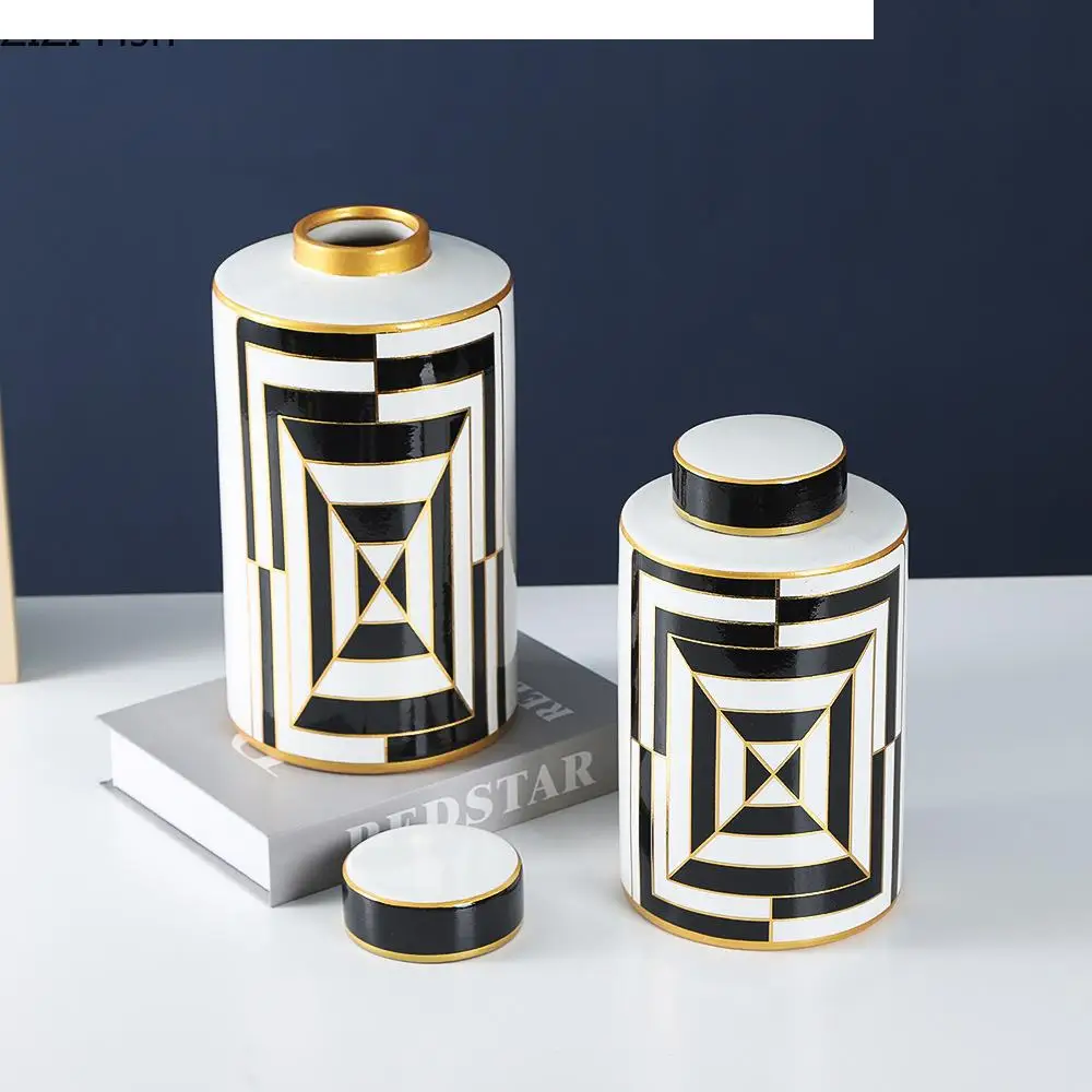 Gold-plated Stripe Ceramic Jar Crafts Porcelain Storage Jars with Lids Desk Decoration Tea Caddy Candy Pots Cereal Dispenser