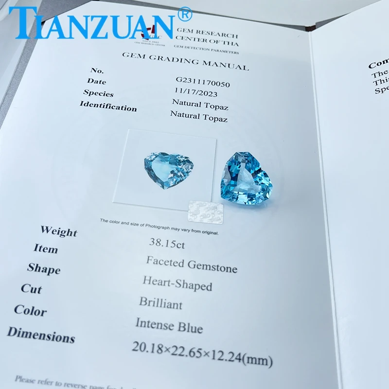 

38.15CT Natural Topaz Vivid Blue Color Heart Shape Brilliant Cut Loose Gem Stone with GRC Certified
