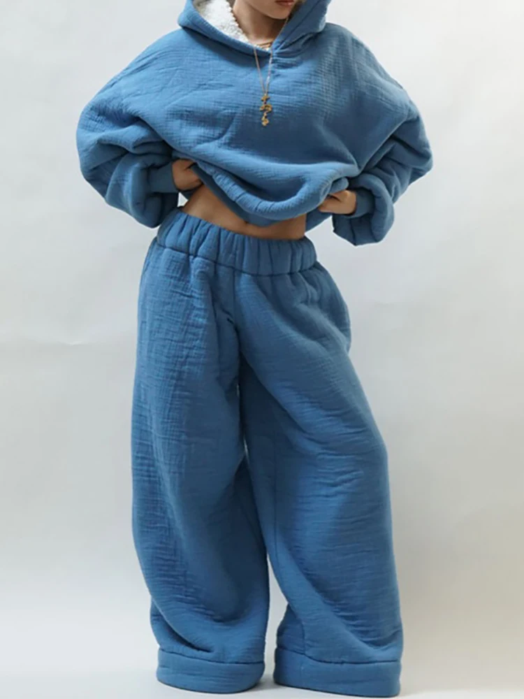 Y2k Lazy Style Crinkle Gauze 2‑piece Tracksuit Women Half Zip Hooded Sweatshirt Loose Wide Leg Pants Chic Street Loungewear Sets