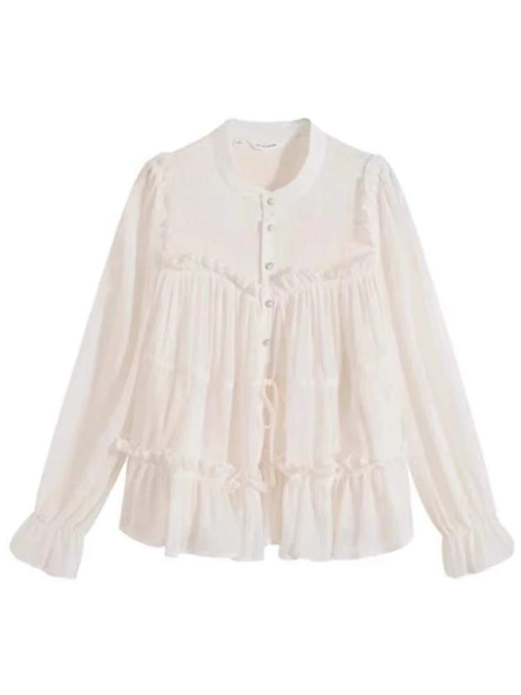 Ele suave sle longo sve chiffon irt solto ajuste versátil madeira ain doce emagrecimento outono topo feminino faion