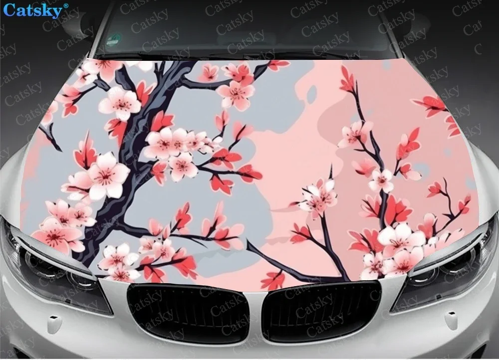 Cherry Tree Branch Car Hood Vinyl Stickers Wrap Vinyl Film Engine Cover Decals Sticker Universal Car Hood Protective Film