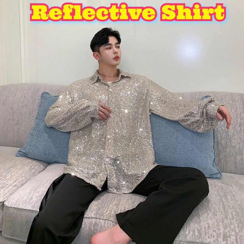 Reflective Sequin Rhinestone Sparkle Performance Shirt Nightclub Venue Stage Show Costume Trendy Unisex Adult Wear Influencer