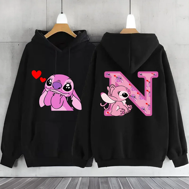 Sudadera con capucha de manga larga con letras del alfabeto inglés para mujer, suéter con capucha de Ángel lindo, ropa Kawaii Stitch 26, Y2k