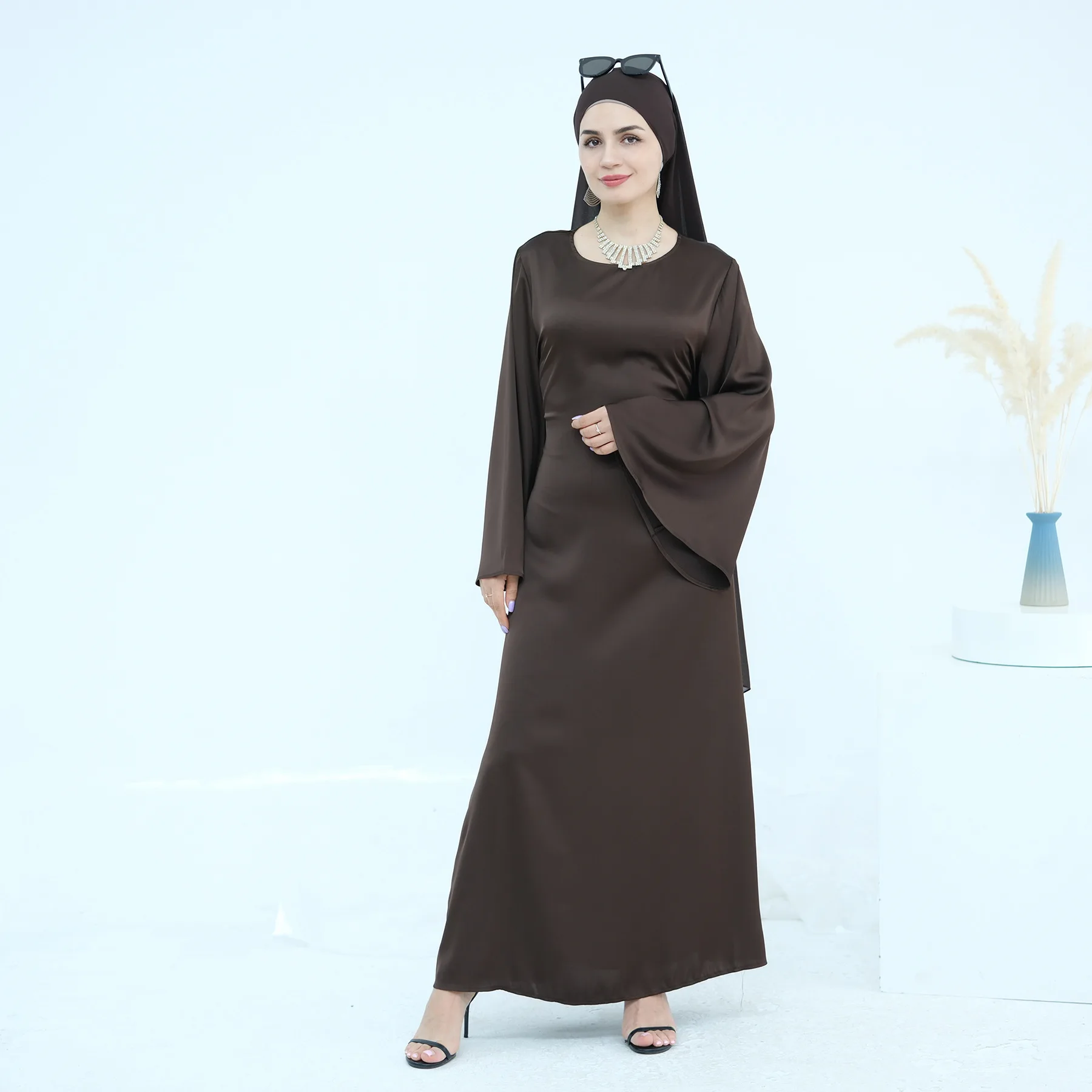 Eid Djellaba Robe musulmane dubaï pleine longueur manches évasées doux Abaya dubaï turquie Robe musulmane islamique Femme robes