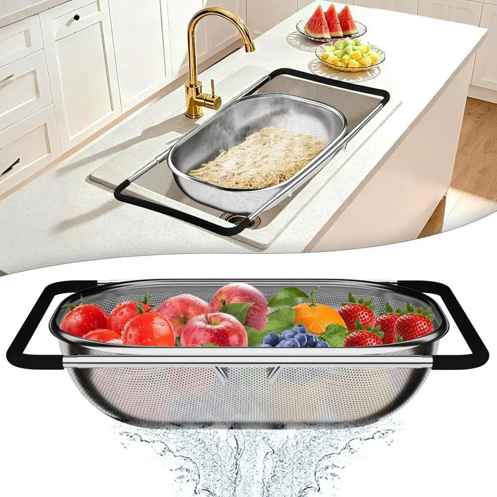 

Kitchen Sink Strainers - Expandable Mesh, Rubber Grip, and Drain Pasta & Fruits Essential Tools