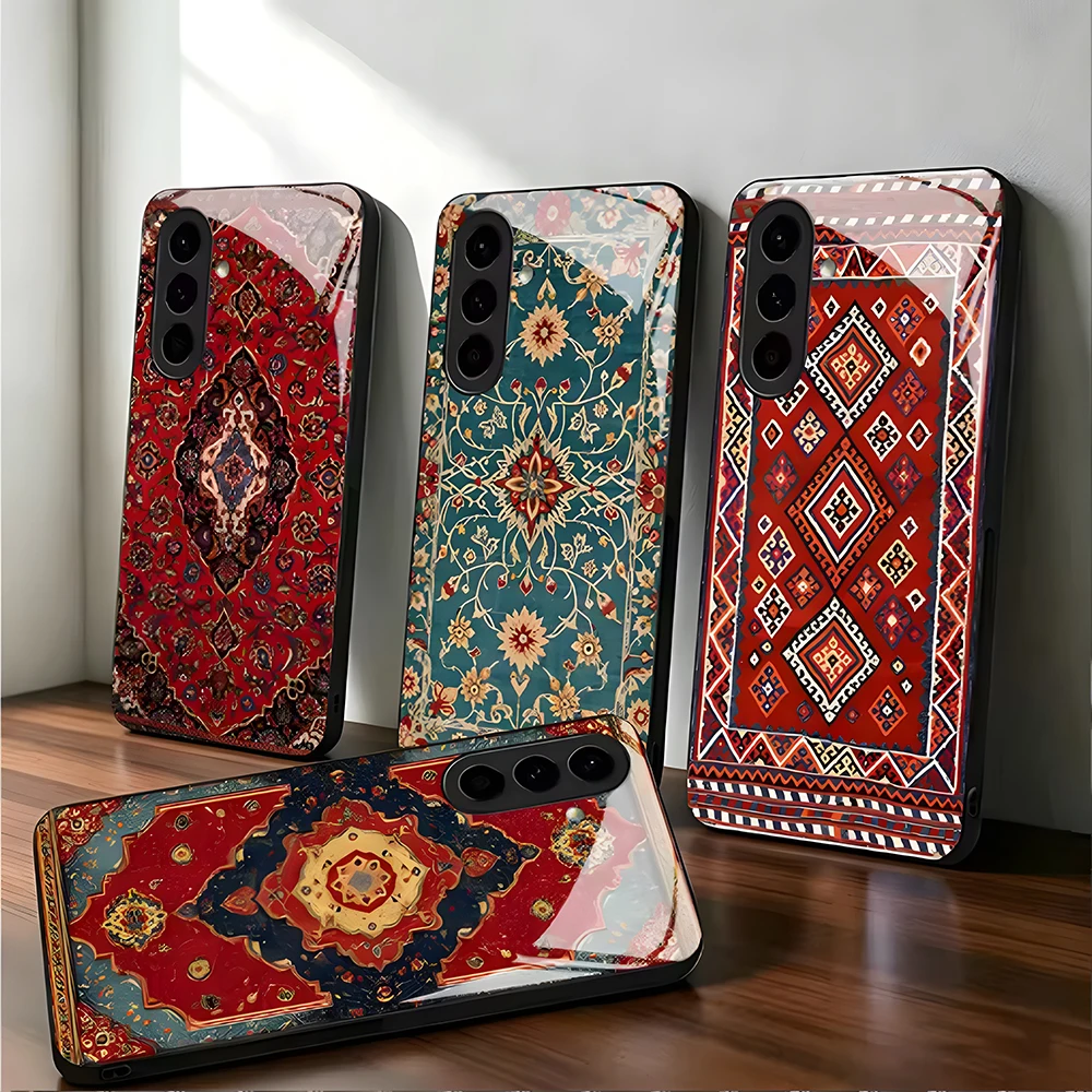 Persian Carpet Floral Glass Phone Case for Samsung A37 A57 A07 A26 A36 A56 A16 A06 A55 A35 A14 A34 A54 A24 A25 A15 A34 A54 4G 5G