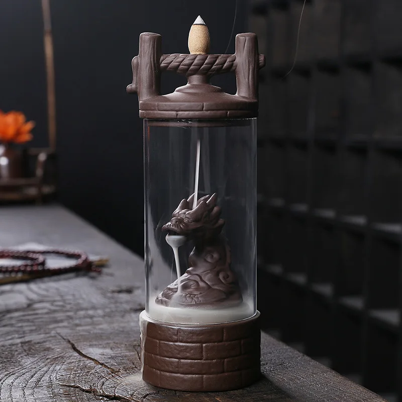 Purple Sand Waterfall Reverse Flow Incense Burner with Acrylic Cup Windproof Incense Seat, Suitable for Meditation (No Incense)